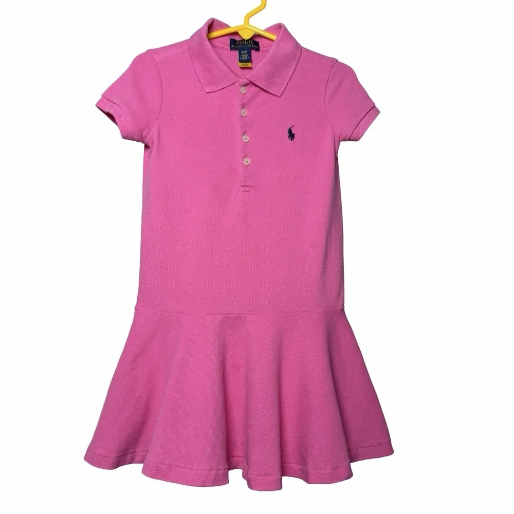 Ralph Lauren Girls Pink Polo Pique Drop Waist Dress 4T Pony Logo 100% Cotton